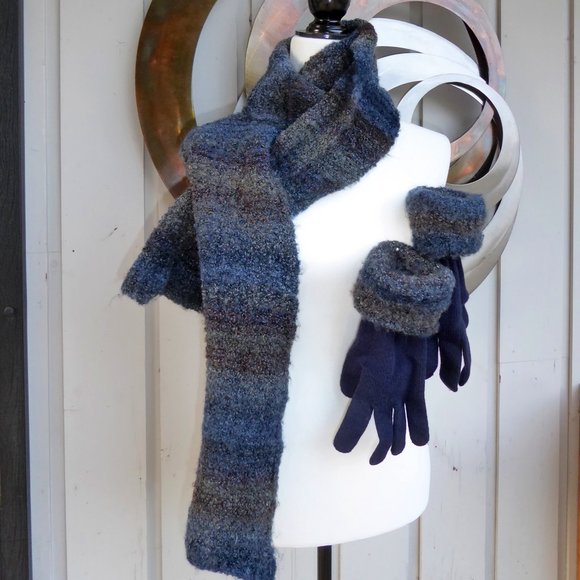 Lightweight Winter/Fall Scarf and Cuffed Glove Set, Navy Tones - Picture 1 of 2